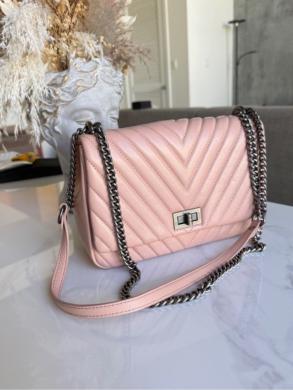 Belle & Bloom Leather Chevron Quilted Chain Flap Bag